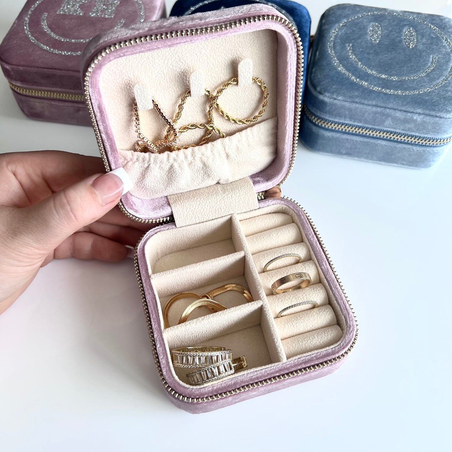 Initial Smiley Velvet Travel Jewelry Case