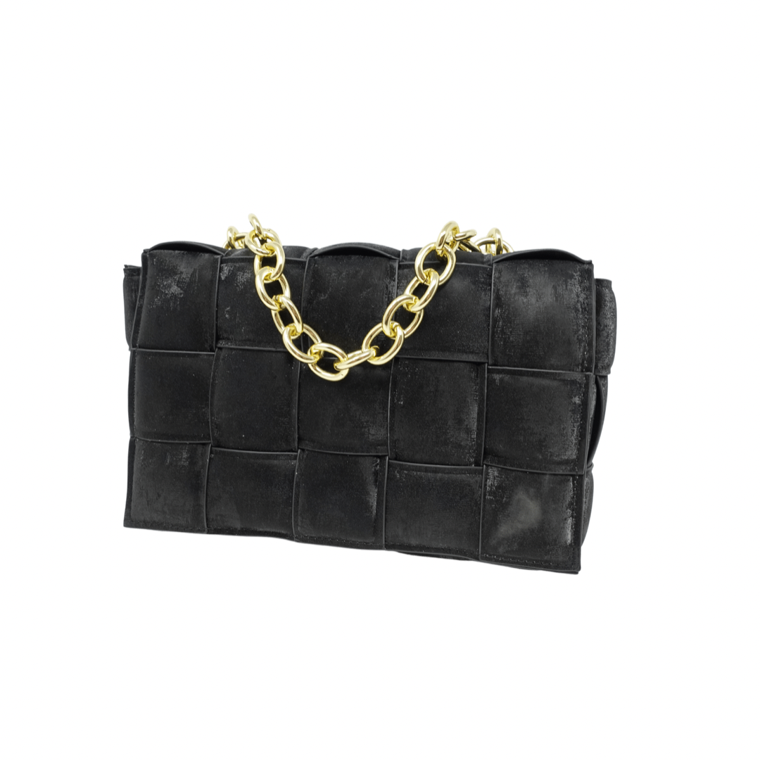 Padded Crossbody Woven Suede Bag - Black