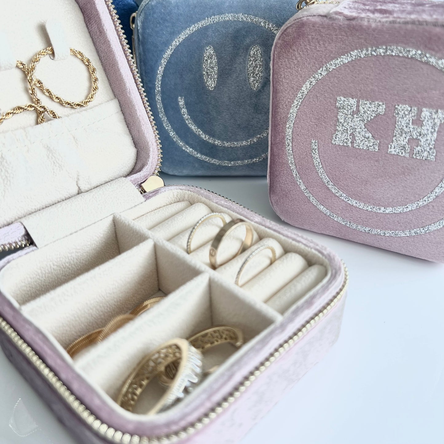 Initial Smiley Velvet Travel Jewelry Case